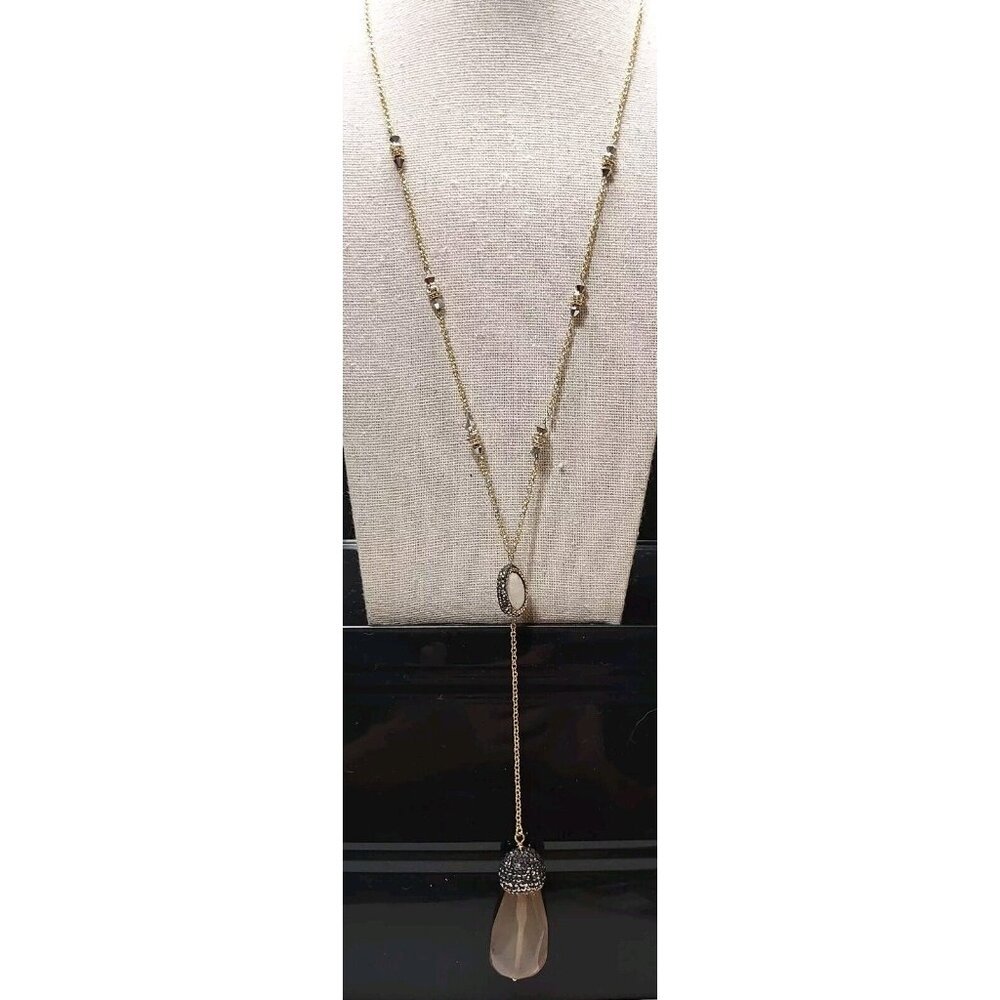 Ali Khan New York Nacre MOP Y Drop Crystals Gold Tone Agate Hematite Pendant 28"